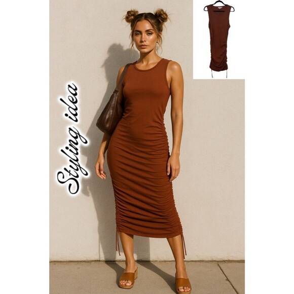 GOOD AMERICAN Ruched Bodycon Tank Dress SZ 3 Rust Brown Casual Summer MSRP $129 - Picture 1 of 8